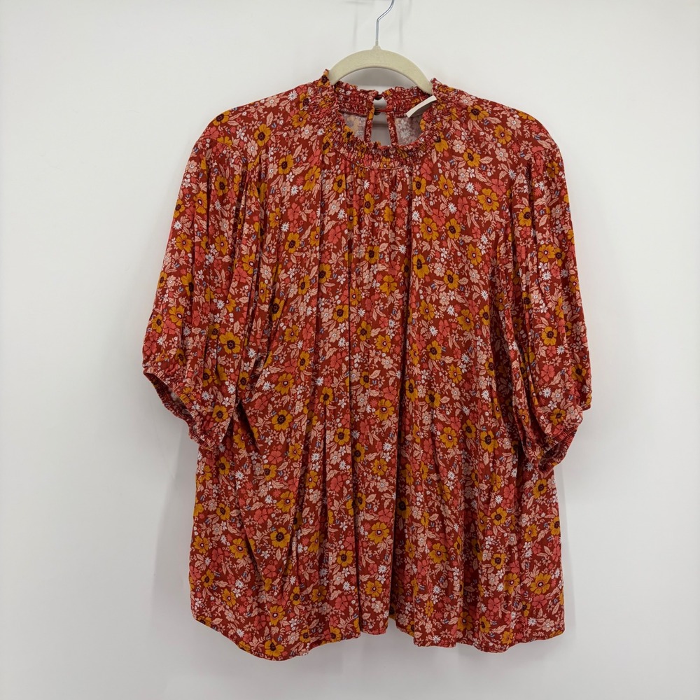 Knox Rose Womens XXL Rust Red Floral Smocked Mock Neck Puff Sleeve Blouse Boho